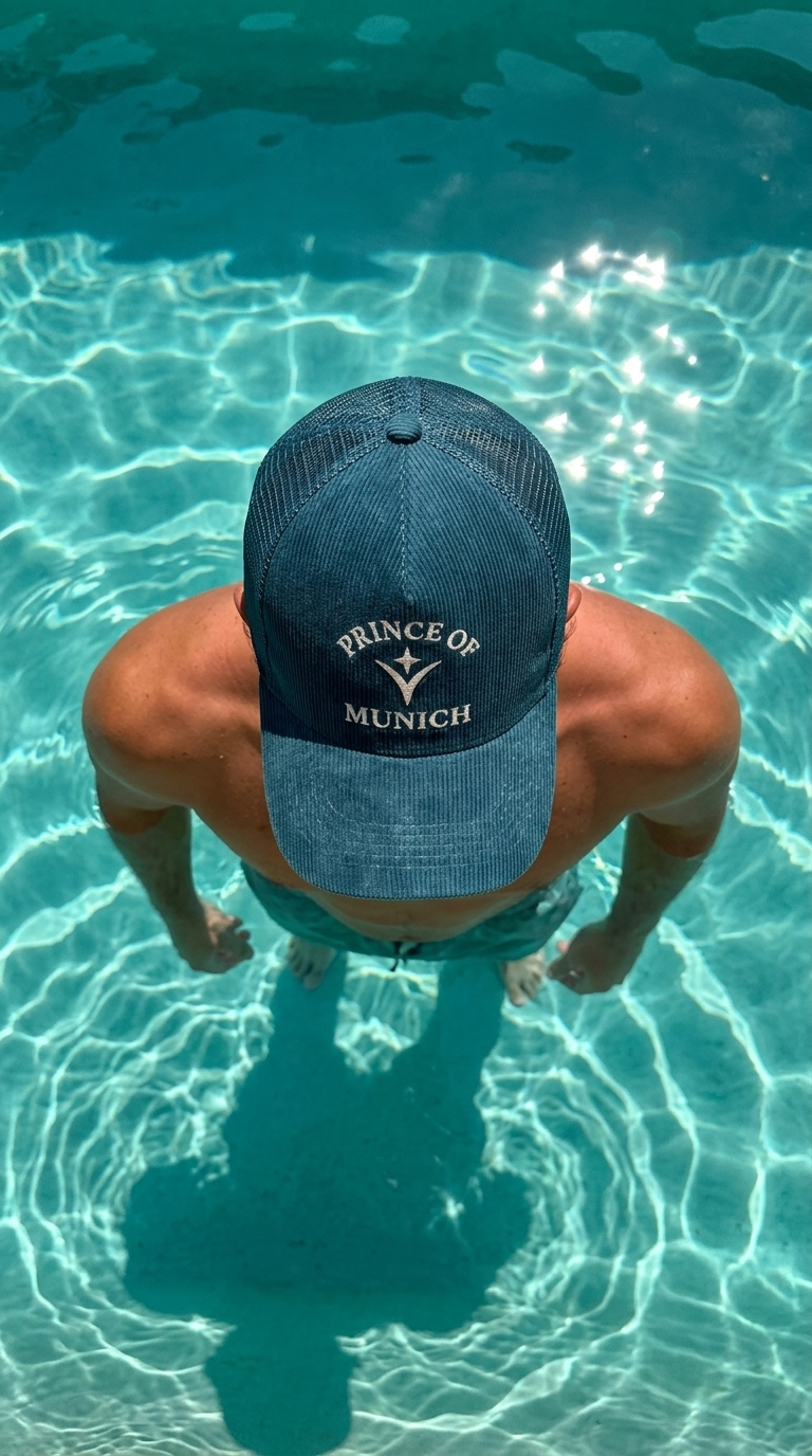 Pool top-down wearing Prince of Munich Sky Petrol cap